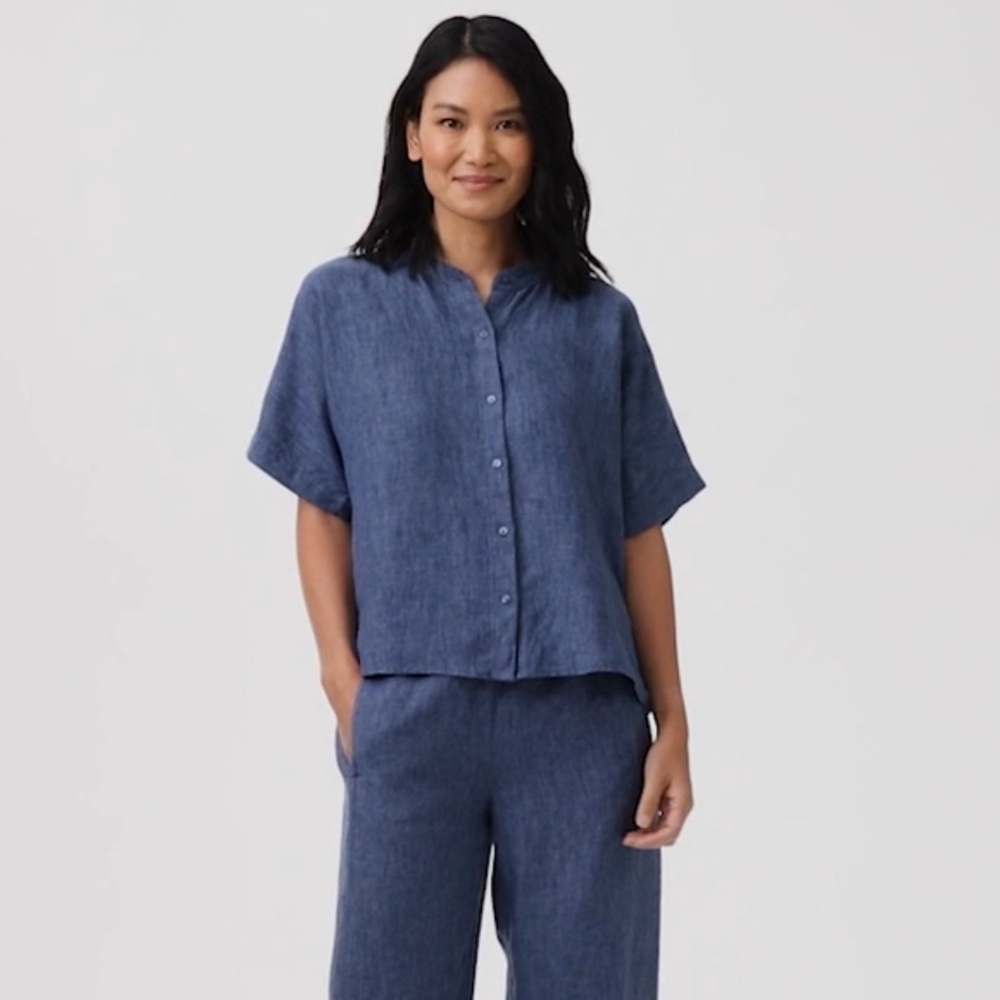 Eileen Fisher Linen Mandarin Collar Blouse